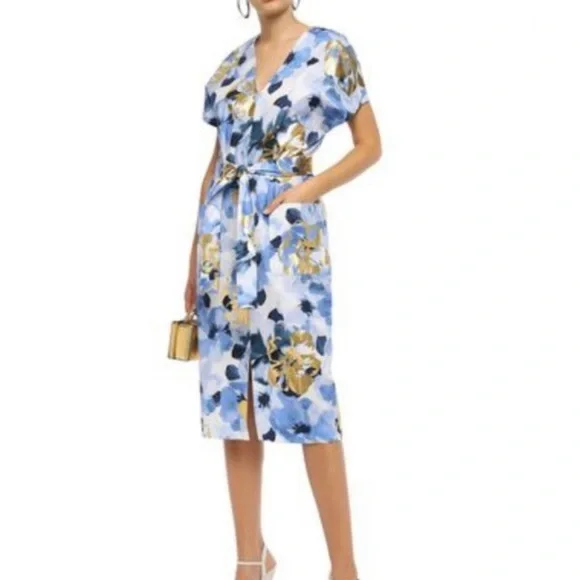 Lela Rose | Dresses | Lela Rose Dress Nwt Belted Stamped Floral Blue Gold  Dress New | Poshmark